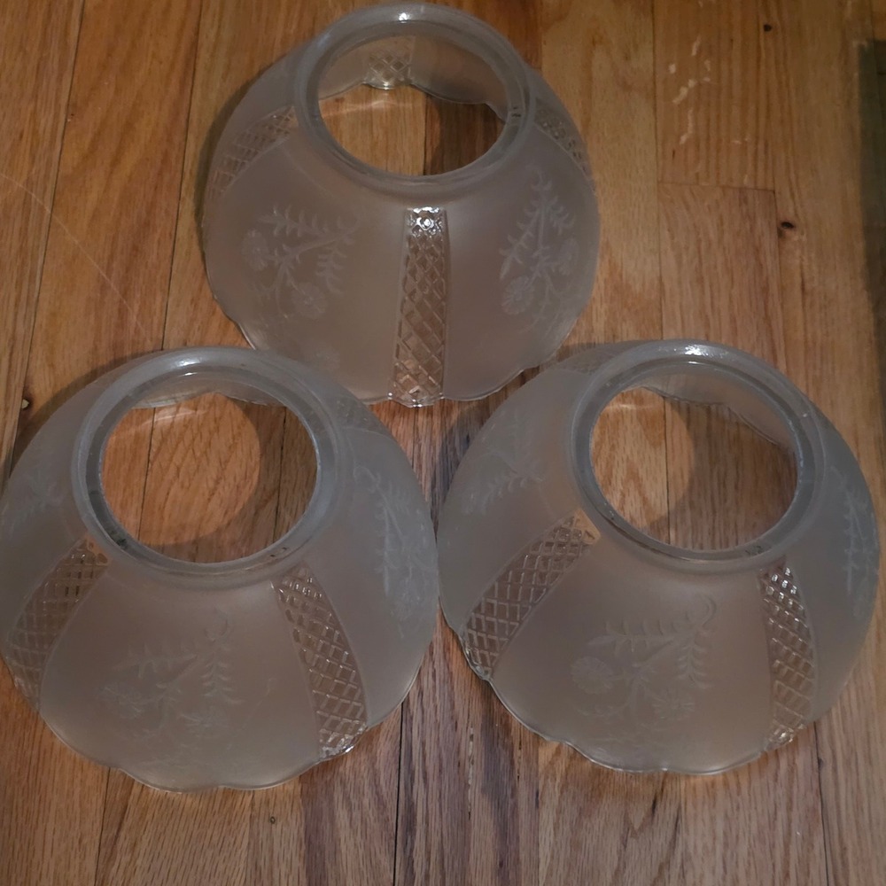 3-Vtg Glass Lamp Shade Gasolier Chandelier 4" Floral Victorian Art Deco Frosted